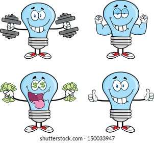 Blue Light Bulb Cartoon Characters. Set Vector Collection 7