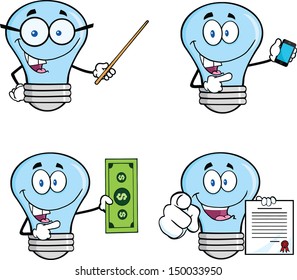 Blue Light Bulb Cartoon Characters. Set Vector Collection 3