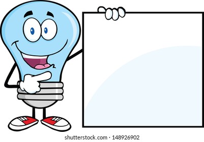 Blue Light Bulb Cartoon Mascot Character Showing A Blank Sign