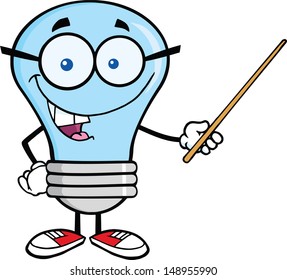 Blue Light Bulb Character With Glasses Holding A Pointer