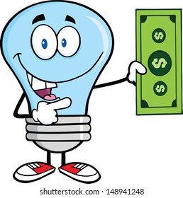 Blue Light Bulb Character Showing A Dollar Bill