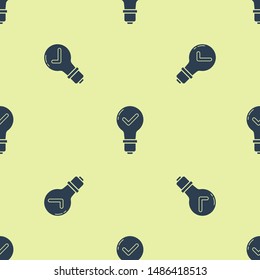 Blue Light bulb and check mark icon isolated seamless pattern on yellow background. Concept of idea.  Vector Illustration