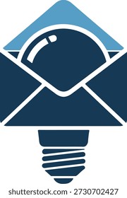 Uma lâmpada azul emergindo de um envelope em um fundo branco puro, simbolizando ideias e comunicação em um estilo moderno.