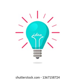 Blue Light bulb flat icon with rays shine. Energy and idea symbol isolated on white background. Vector Illustration