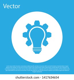 Blue Light bulb and gear icon isolated on blue background. Innovation concept. Business idea. White circle button. Vector Illustration