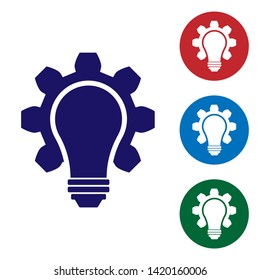 Blue Light bulb and gear icon isolated on white background. Innovation concept. Business idea. Set color icon in circle buttons. Vector Illustration