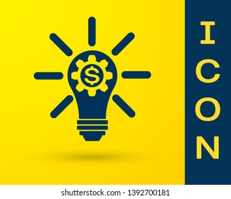 Blue Light bulb with gear inside and dollar symbol icon isolated on yellow background. Fintech innovation concept. Vector Illustration