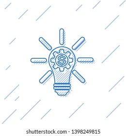 Blue Light bulb with gear inside and dollar symbol line icon isolated on white background. Fintech innovation concept. Vector Illustration