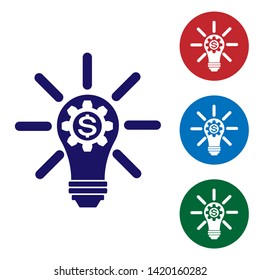 Blue Light bulb with gear inside and dollar symbol icon isolated on white background. Fintech innovation concept. Set color icon in circle buttons. Vector Illustration