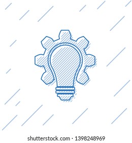 Blue Light bulb and gear line icon isolated on white background. Innovation concept. Business idea. Vector Illustration