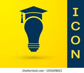 Blue Light bulb and graduation cap icon isolated on yellow background. University Education concept. Vector Illustration