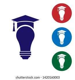 Blue Light bulb and graduation cap icon isolated on white background. University Education concept. Set color icon in circle buttons. Vector Illustration