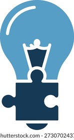 Um ícone de lâmpada azul com uma peça de quebra-cabeça na parte inferior em um fundo branco puro, design criativo e inovador