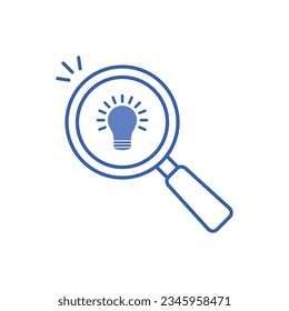 blue light bulb inside a magnifying glass thin line. modern visionary simple flat linear trend or aha moment logotype design element. the concept suggests simplicity or survey and process