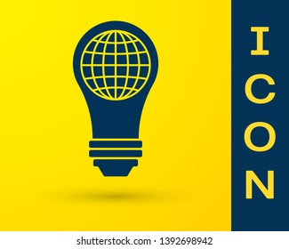 Blue Light bulb with inside world globe icon isolated on yellow background. Planet Earth on the lamp. Global ecology concept. Vector Illustration