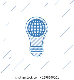 Blue Light bulb with inside world globe line icon isolated on white background. Planet Earth on the lamp. Global ecology concept. Vector Illustration