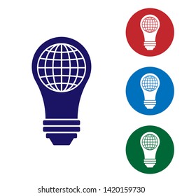 Blue Light bulb with inside world globe icon isolated on white background. Planet Earth on the lamp. Global ecology concept. Set color icon in circle buttons. Vector Illustration