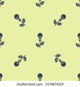 Blue Light bulb with leaf icon isolated seamless pattern on yellow background. Eco energy concept. Alternative energy concept.  Vector Illustration