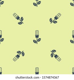 Blue Light bulb with leaf icon isolated seamless pattern on yellow background. Eco energy concept. Alternative energy concept.  Vector Illustration