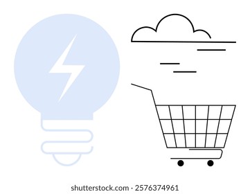 Blue light bulb with a lightning bolt and a black shopping cart under a cloud. Ideal for energy conservation, e-commerce, sustainability, minimalistic design, modern shopping concepts. Simple, clean