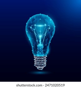 Blue light bulb in polygonal glowing on dark background. Symbol creative idea concept or imagination think. Technology electricity energy. Vector EPS10 illustration.