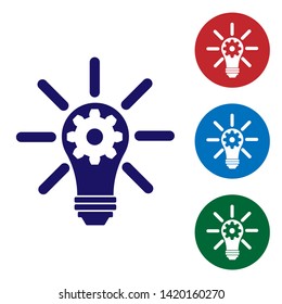 Blue Light bulb with rays shine and gear inside icon isolated on white background. Innovation concept. Set color icon in circle buttons. Vector Illustration