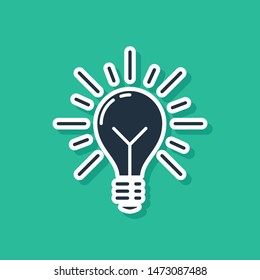 Blue Light bulb with rays shine and concept of idea icon isolated on green background. Energy and idea symbol. Inspiration concept.  Vector Illustration