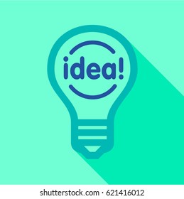Blue light bulb with word Idea inside icon. Flat illustration of blue light bulb with word Idea inside vector icon for web