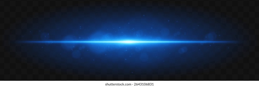 Luz azul estourou. Feixe horizontal brilhante com partículas brilhantes e efeito de flare suave sobre fundo de grade escura, adequado para sci-fi ou visuais técnicos.