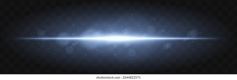 Luz azul estourou. Feixe horizontal brilhante com partículas brilhantes e efeito de flare suave sobre fundo de grade escura, adequado para sci-fi ou visuais técnicos.