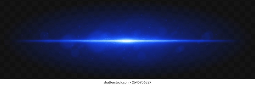 Blue light burst. Bright horizontal beam with glowing particles and soft flare effect over dark grid background, suitable for sci-fi or tech visuals.