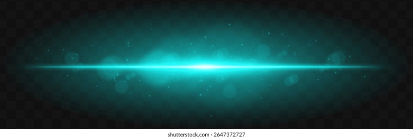 Luz azul estourou. Feixe horizontal brilhante com partículas brilhantes e efeito de flare suave sobre fundo de grade escura, adequado para sci-fi ou visuais técnicos.