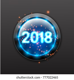 Blue light button for the new year with the number 2018.  Light button with luminous particles and  lights.