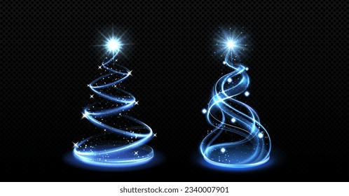 Blue light Christmas tree vector with star sparkle. Merry Xmas magic glow decoration with glitter shine and holiday ornament design isolated on black background. Modern string shiny graphic concept