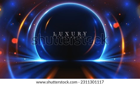 Blue light circle frame overlap gold ray motion effects on black background with bokeh decorations.