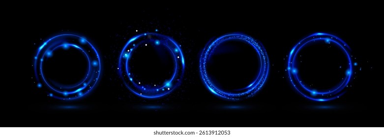 Blue light circles set isolated on black background. Vector realistic illustration of round neon color rings with shimmering particles and soft shadows, game ui borders, abstract design elements