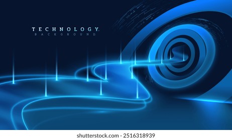 Corredor de luz azul indo para o arco da informação, conceito de projeto de fundo de tecnologia futurista.