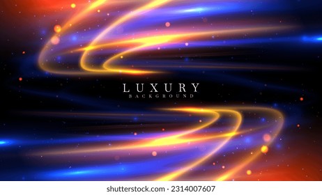 Blue light curve line overlap gold ray motion effects on black background with bokeh decorations.