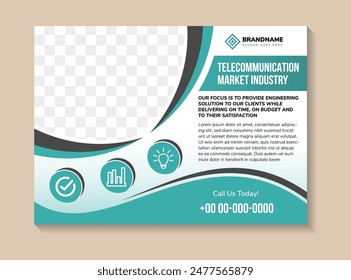 Blue light digital brochure template design with space for photo collage. Cover layout in horizontal. the headline is telecommunication market industry. 