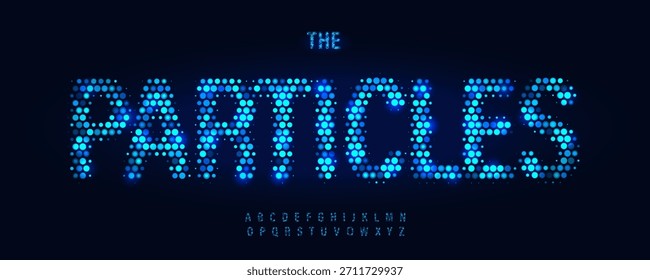 Blaues Licht Digitale Schriftart Logo Alphabet Vektor leuchtende Partikel Buchstaben Set Moderne Typografie, Blockchain Typografie Design Titel Text, Typo Poster Überschrift Typ Logotype Sans Fonts. Vektorschriftart
