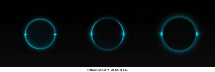 Blue light eclipse. Abstract space flare glow. Moon ring or sunrise neon edge with sparkle on orbit. Cosmic radial beam explosion design. Circle in night galaxy sky illustration. Sun rise near planet