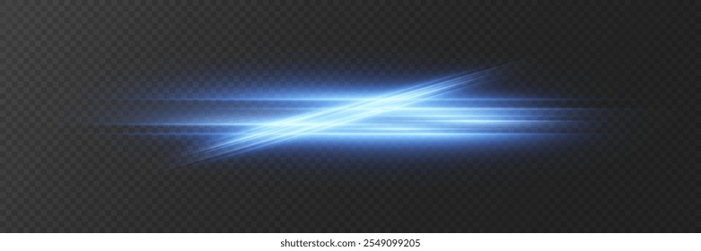 Blue light effect flash of light, horizontal neon line. On a transparent background.
