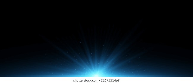 Blue light effect with flying glowing dust isolated on black background. Bright flash of light. Vector illustration. EPS 10