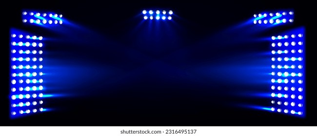 Blauer Lichteffekt auf Stadion-Partyhintergrund. Farbneon-Konzert Disco-Club Rampenlicht-Design. Zauberhafter festlicher Glitzer-Projektor in luxuriöser, beleuchteter Theaterauszeichnung, glänzende Studiodekation.