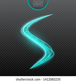 Blue light effect on transparent background with realistic sparkles. Magic light. Glowing swirl light effect. Vector Illustration