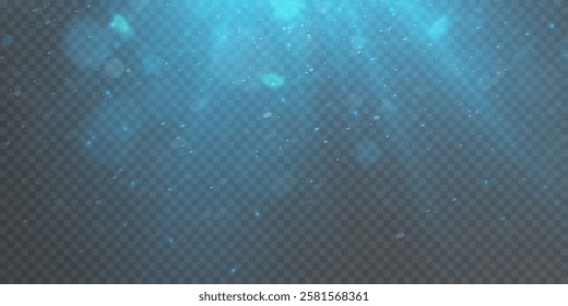 Blue light effect of soft stage lighting for objects with bright spotlights with shimmering sparkles and stars on black background.