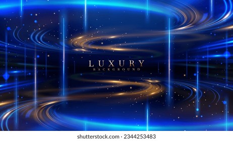 Blue light effects and gold with bokeh decorations on dark scene. Luxury style background. Futuristic technology design concept.