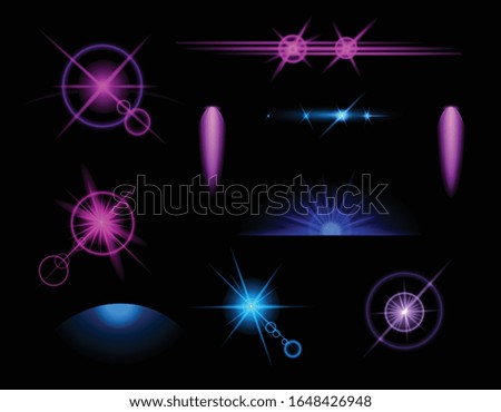 Blue light effects icon set with abstract and isolated colored elements on black background vector illustration