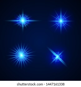 Blue Light Effects on blue background. Glowing lights effect. Starburst with sparkles.. vector illustration.  