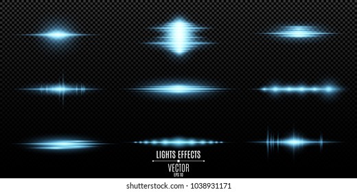 Blue Light Effects On A Transparent Background. Bright Flashes And Glares Of Blue Color. Bright Rays Of Light. Light Vibration From Sound. Glowing Lines. Vector Illustration. EPS 10